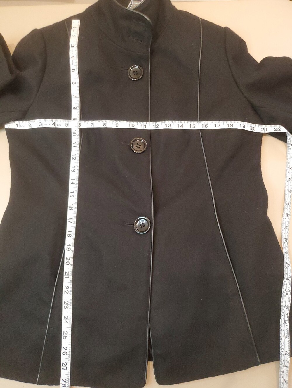 Braetan Black Wool Blend Funnel Neck Coat with Piping Accent Women's Large - Picture 5 of 7